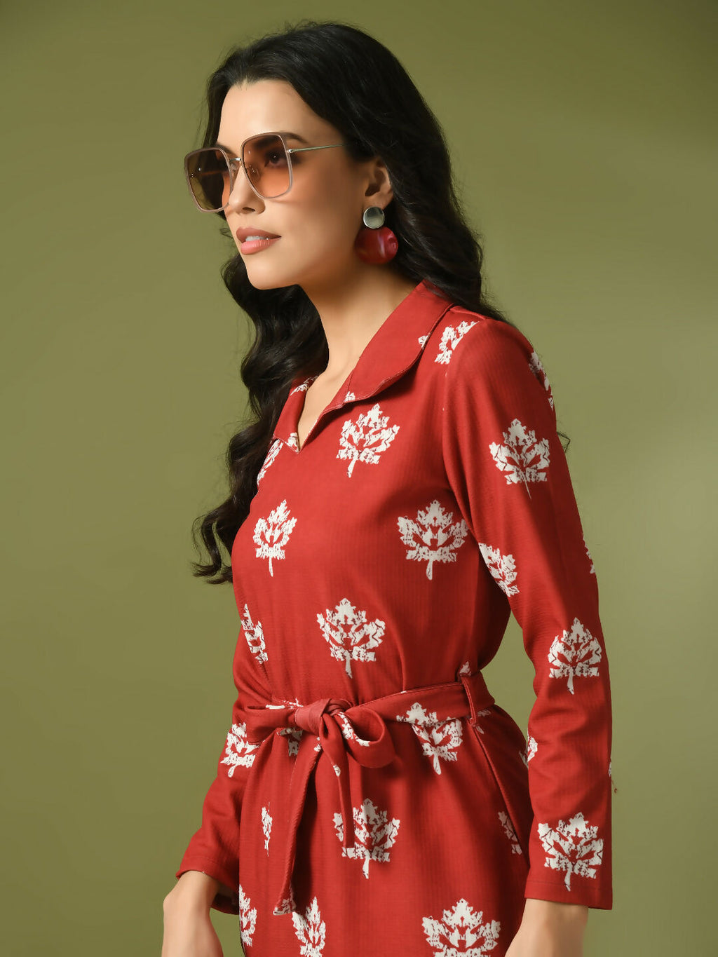 Myshka Women's Rust Printed Polo Collar Party Top With Trousers Co-ord set | Grocsy