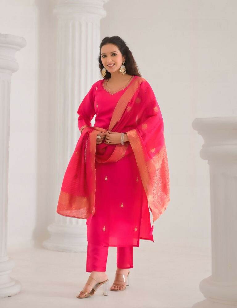 Ethnic Festive Wear Viscose Chanderi Pink Stitched Suit With Dupatta - Tanisha | Grocsy