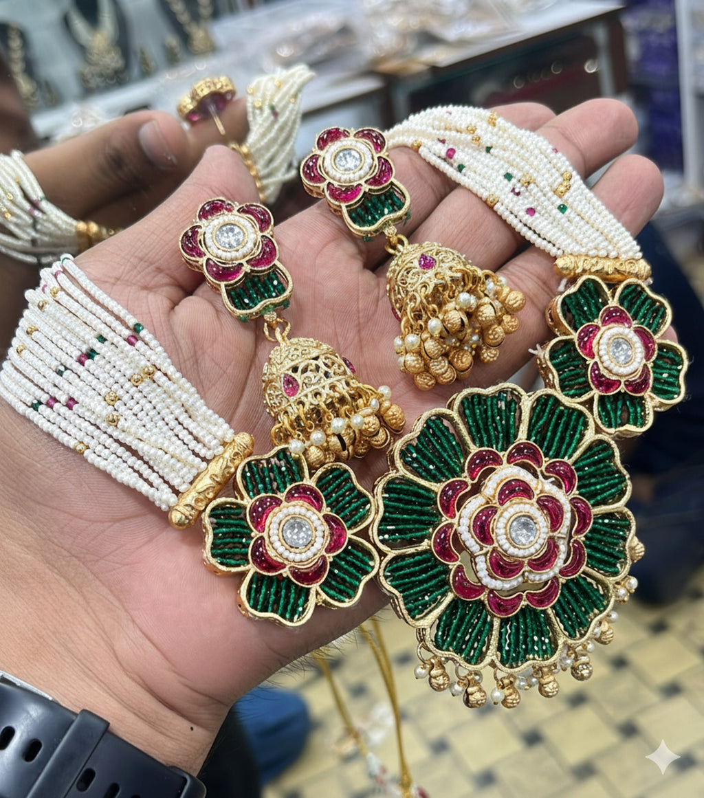 Jewel City Handcrafted Ethnic Green Meenakari Necklace Set | Grocsy