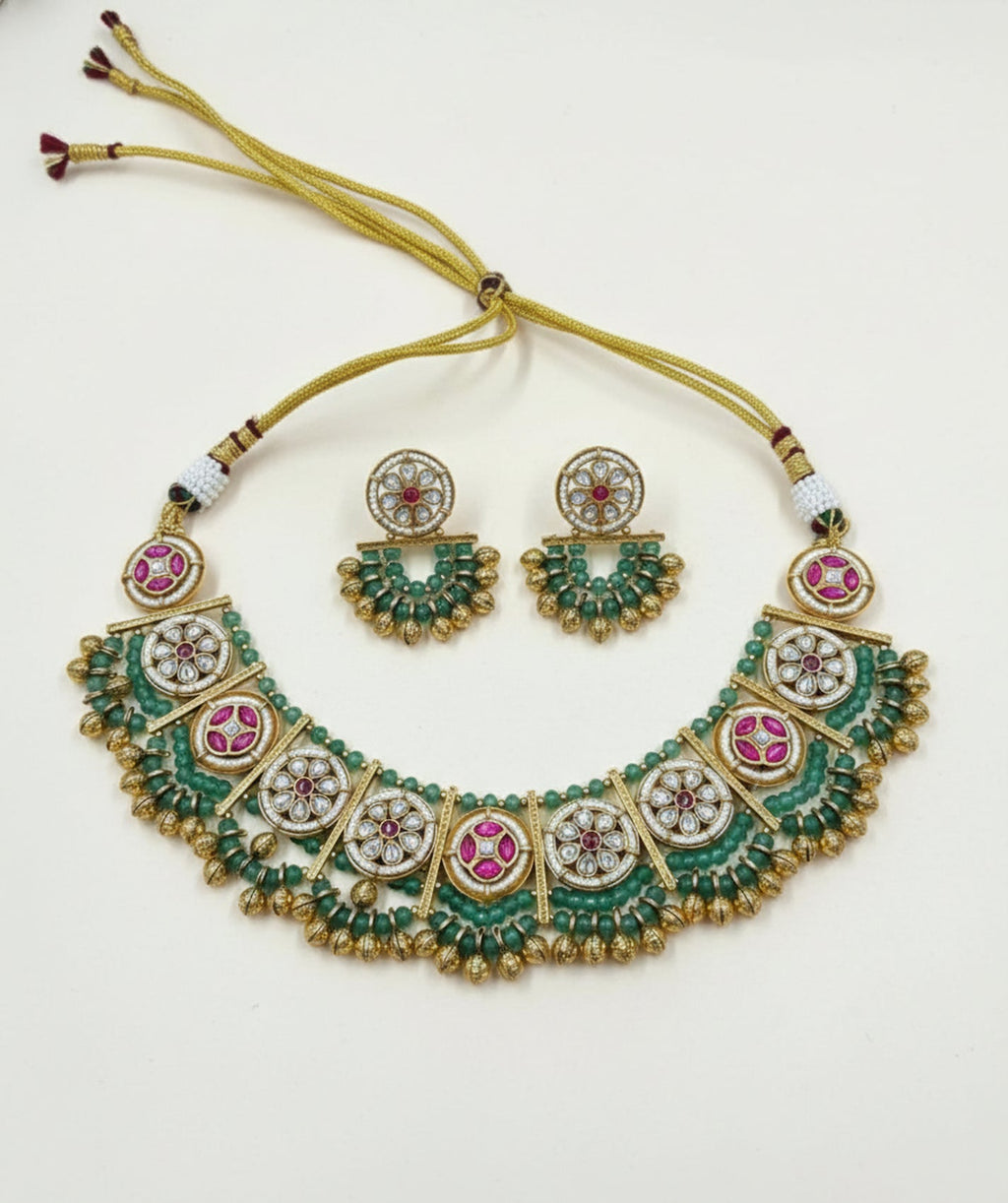 Jewel City Stunning Handcrafted Green And Pink Gold-Plated Choker Necklace Set | Grocsy