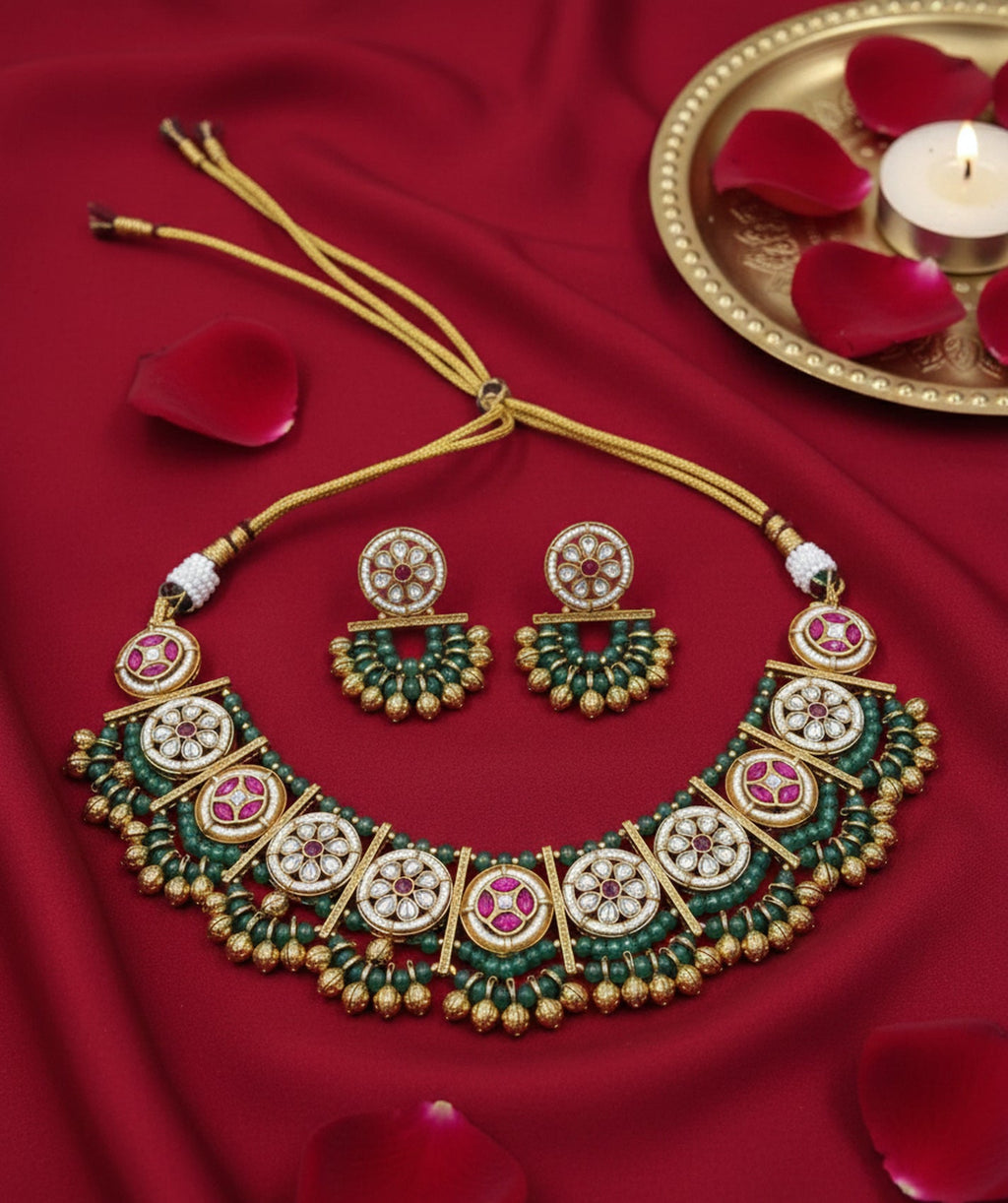 Jewel City Stunning Handcrafted Green And Pink Gold-Plated Choker Necklace Set | Grocsy