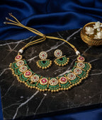 Jewel City Stunning Handcrafted Green And Pink Gold-Plated Choker Necklace Set | Grocsy