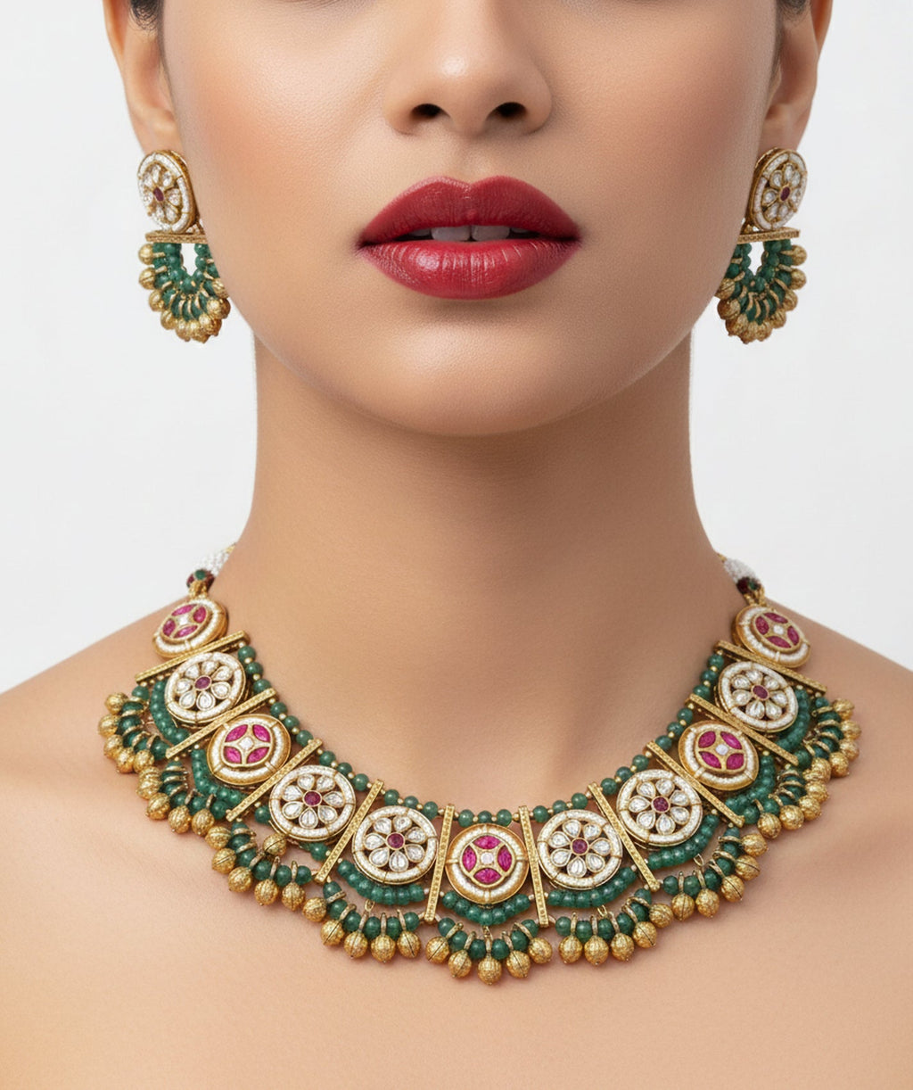 Jewel City Stunning Handcrafted Green And Pink Gold-Plated Choker Necklace Set | Grocsy