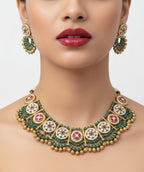 Jewel City Stunning Handcrafted Green And Pink Gold-Plated Choker Necklace Set | Grocsy