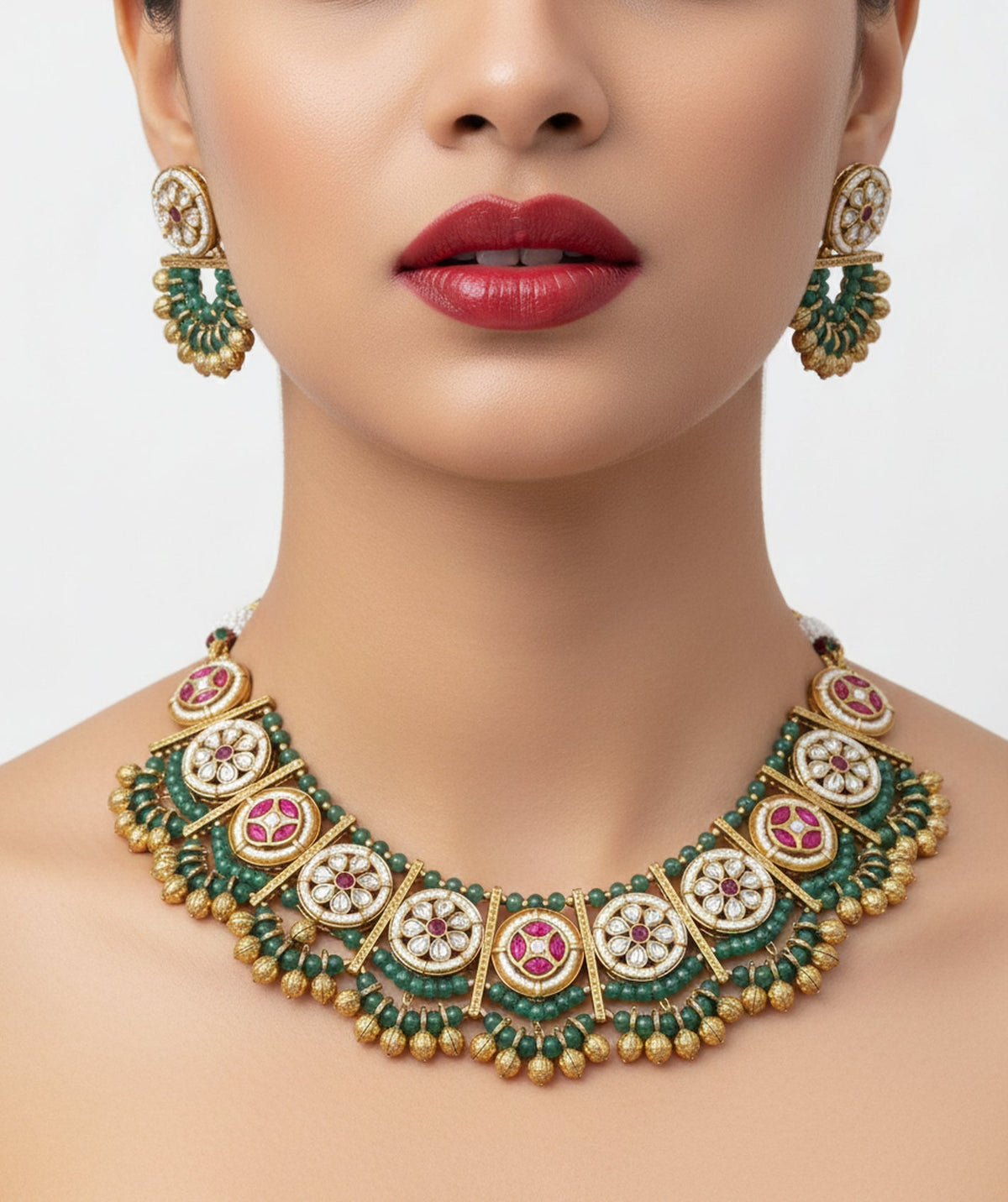 Jewel City Stunning Handcrafted Green And Pink Gold-Plated Choker Necklace Set | Grocsy