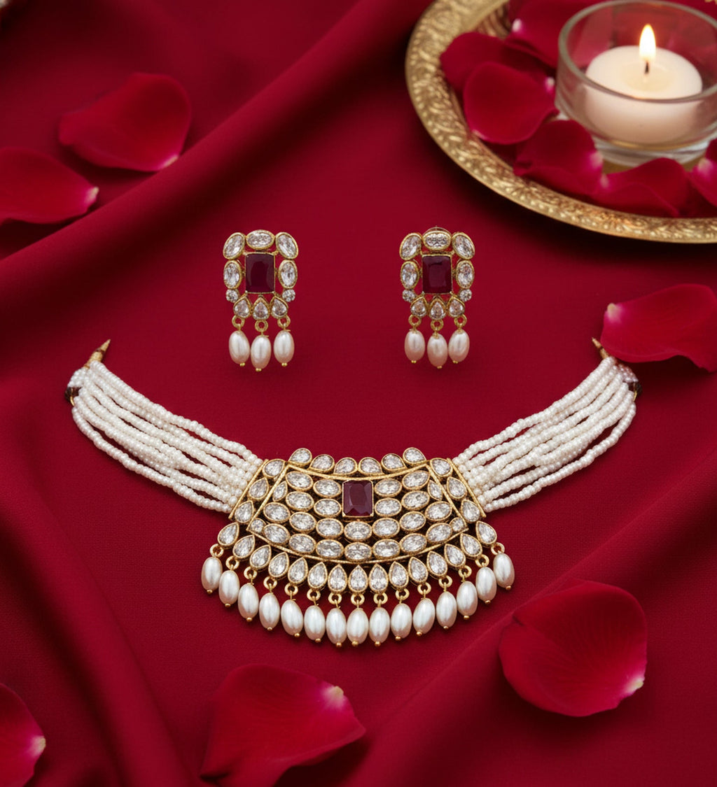Jewel City Traditional Handcrafted Kundan Pearl Choker Necklace Set | Grocsy
