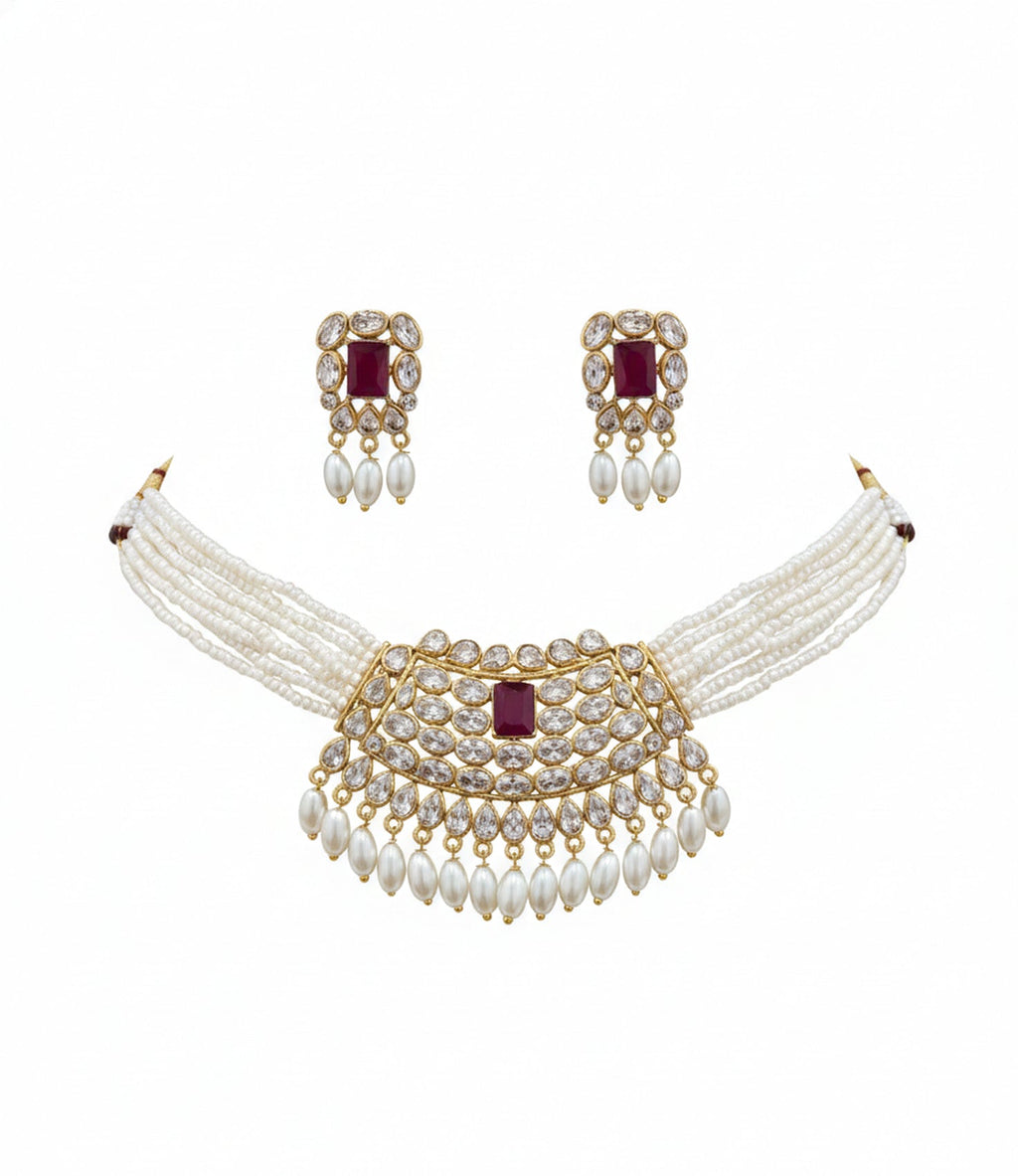Jewel City Traditional Handcrafted Kundan Pearl Choker Necklace Set | Grocsy