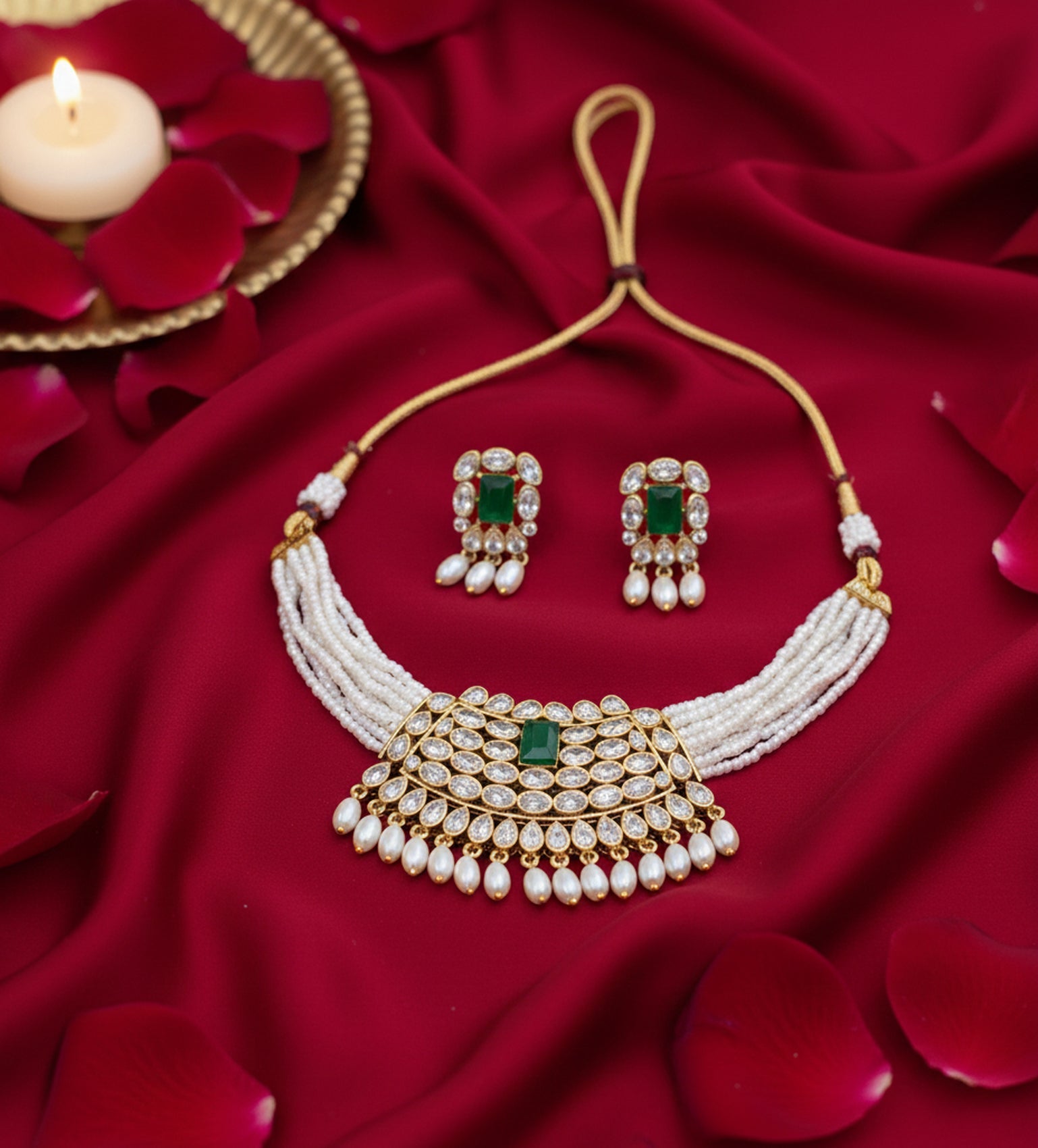 Jewel City Traditional Handcrafted Ethnic Kundan Pearl Choker Necklace Set | Grocsy