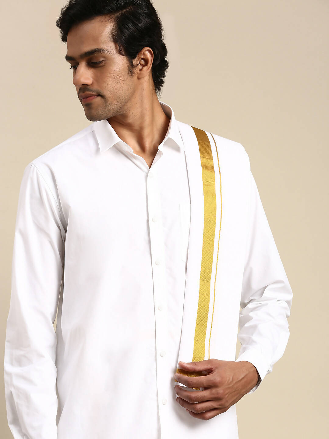 Ramraj Cotton Mens Wedding White Regular Dhoti, Shirt & Towel Set Subhakalyan 1" | Grocsy