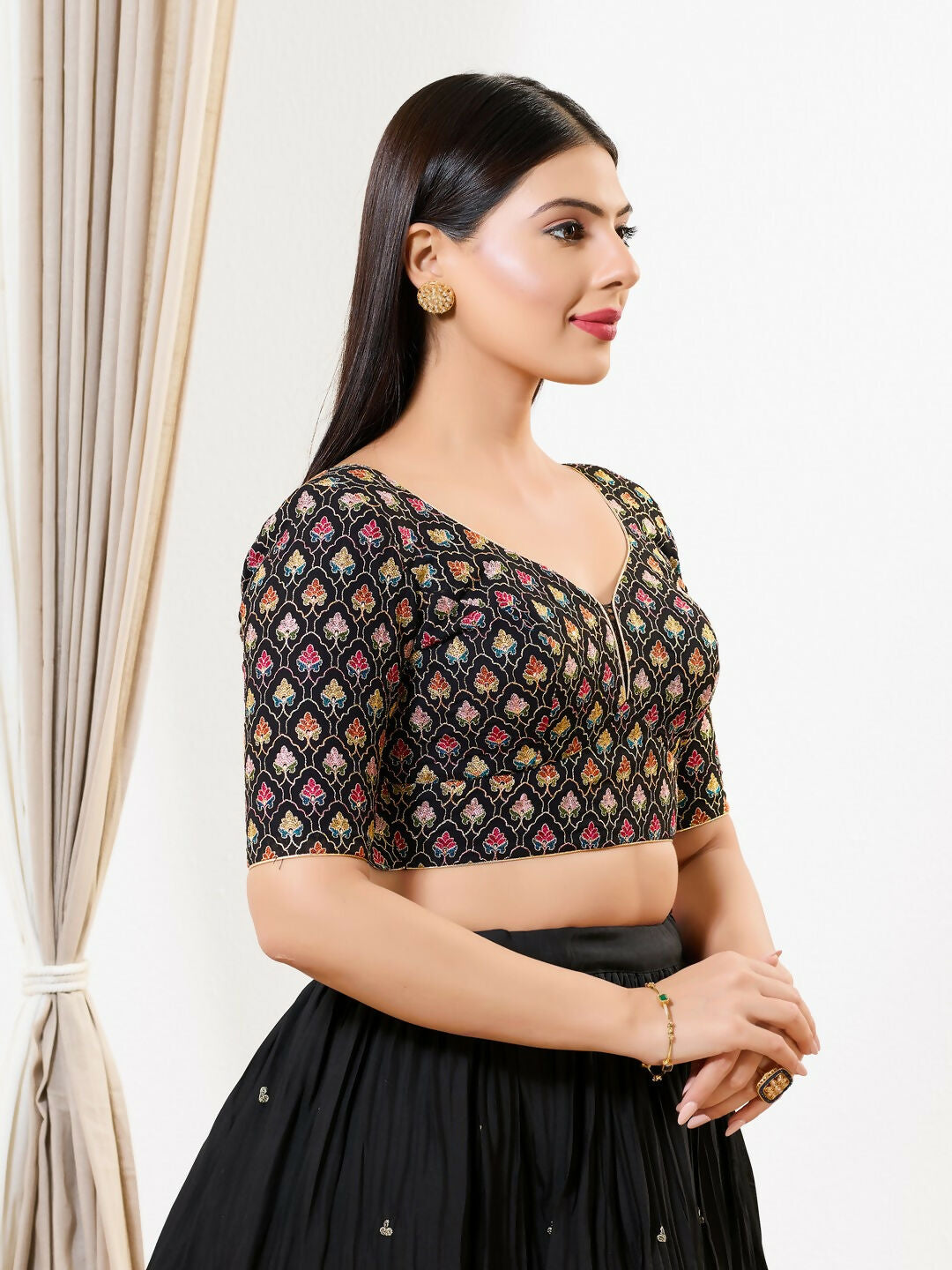 Joban Fashion Black Silk Padded Blouse With Sweetheart Neck Elbow Sleeves | Grocsy