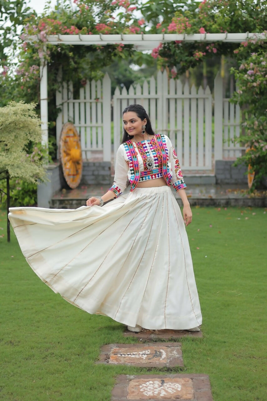 Teeya Creation White Colour Roman Silk With Gamathi Work Navratri Lehenga Choli | Grocsy