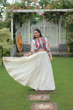 Teeya Creation White Colour Roman Silk With Gamathi Work Navratri Lehenga Choli | Grocsy