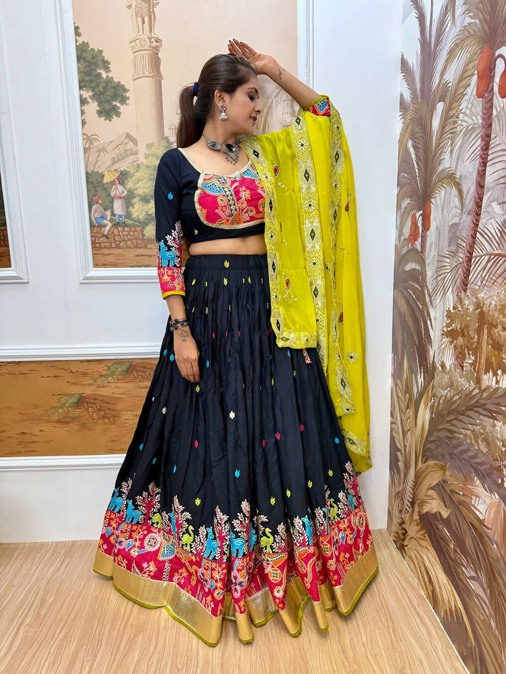 Teeya Creation Dark Blue Colour Rayon Silk Embroidery Work Fully Stitched Navratri Lehenga | Grocsy