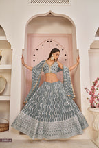 Eilara Mesmerizing Grey Butterfly Net White Cotton Thread Zari Sandwich Sequence Work Lehenga Choli For Wedding | Grocsy