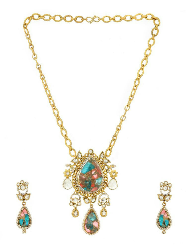 Kundan Antique Finish Floral Earrings and Necklace set - Ruby Raang | Grocsy