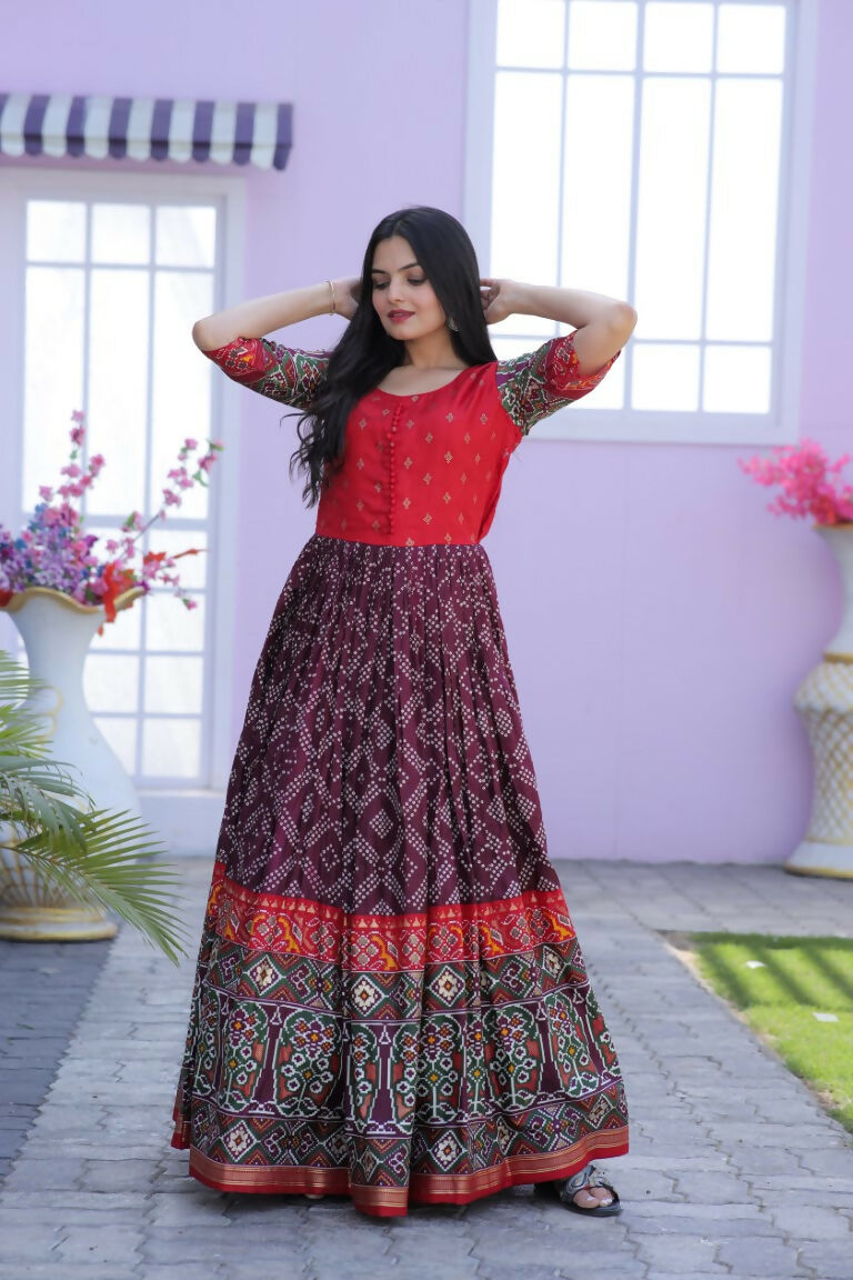 Jyoti Fashion Women's Wine Patola with Foil Print Dola Silk Anarkali Dress | Grocsy