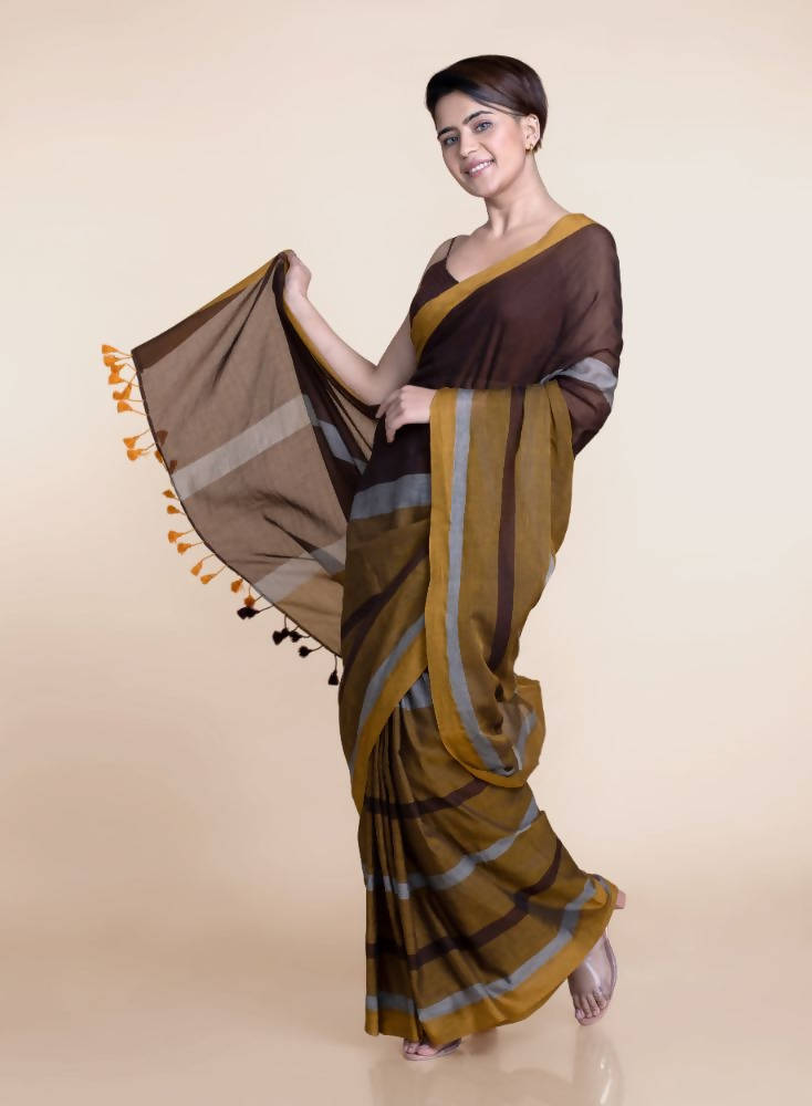 Suta Brown Yellow Colourblocked Mul Saree | Grocsy