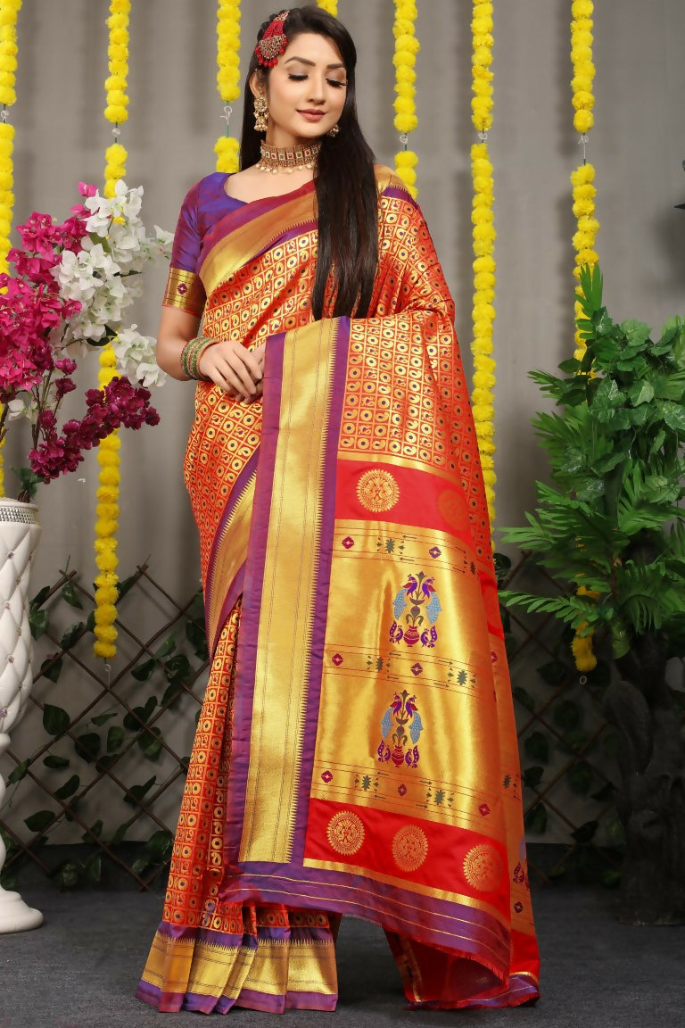 Jyoti Fashion Women's Maroon Banarasi Silk Zari Woven Saree with Blouse | Grocsy