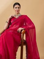 Pink Organza Swaroski Diamond Work Saree with Unstitched Blouse - Radha | Grocsy