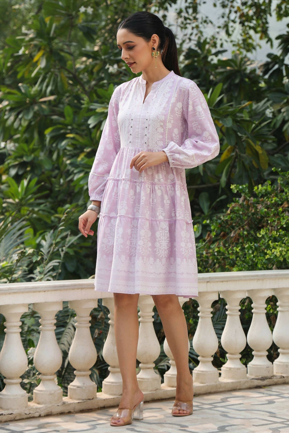 Juniper Women's Lavender Rayon Floral Printed Short Tiered Dress | Grocsy