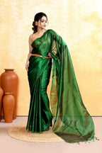Piyari Fashion Women's Green Dual Tone Organic Tissue Saree With Blouse Piece | Grocsy