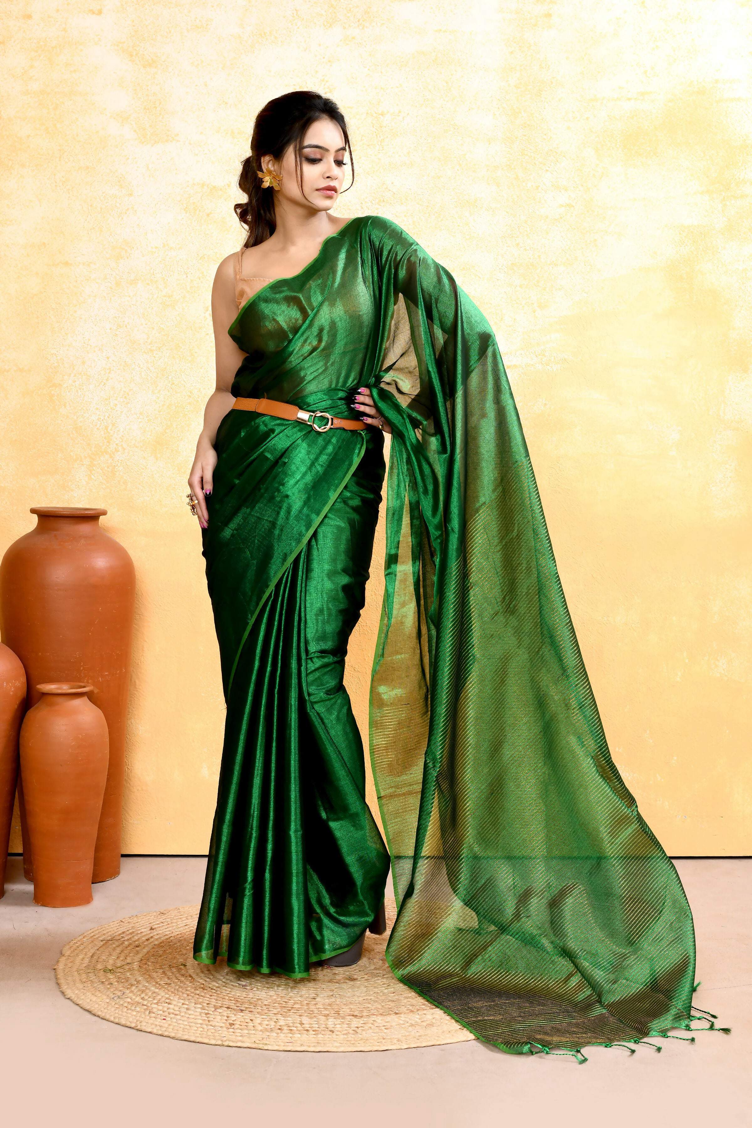 Piyari Fashion Women's Green Dual Tone Organic Tissue Saree With Blouse Piece | Grocsy