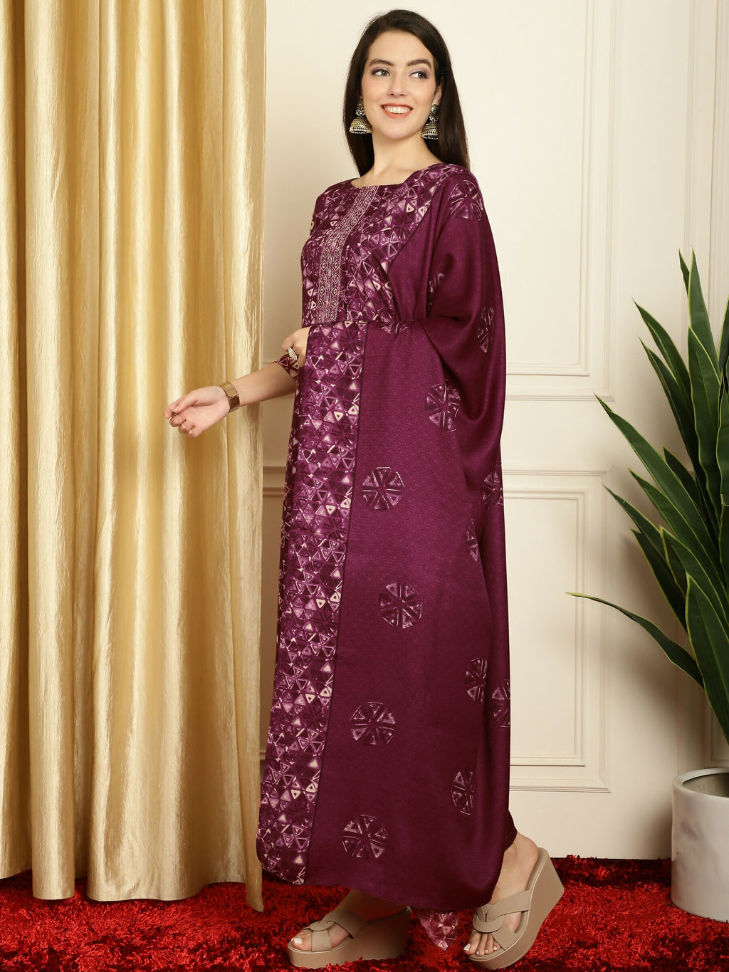 Jyoti Fashion Women's Wine Pashmina Floral Digital Printed Kurta with Trouser & Dupatta | Grocsy