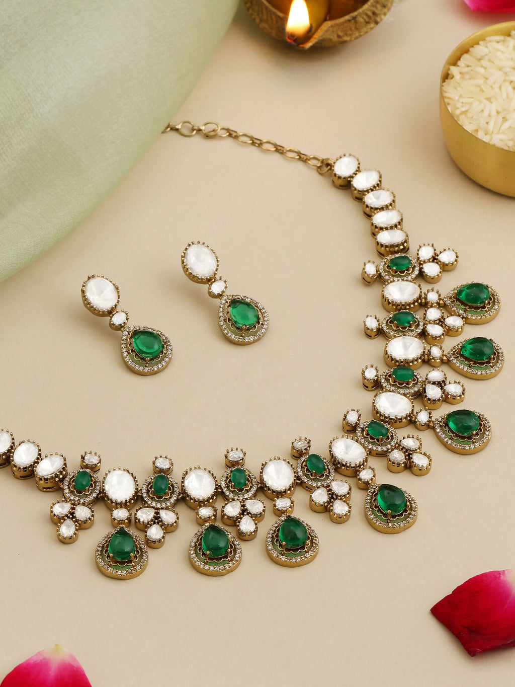 Ruby Raang Green Stone Kundan Work Necklace And Matching Earrings | Grocsy
