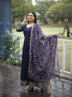Jyoti Fashion Women's Navy Blue Faux Blooming Sequins with Zari Embroidery Anarkali Dress with Dupatta | Grocsy