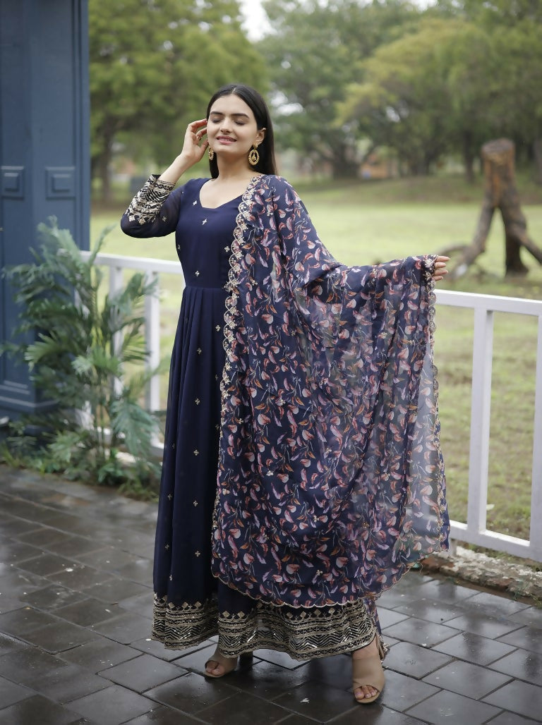 Jyoti Fashion Women's Navy Blue Faux Blooming Sequins with Zari Embroidery Anarkali Dress with Dupatta | Grocsy