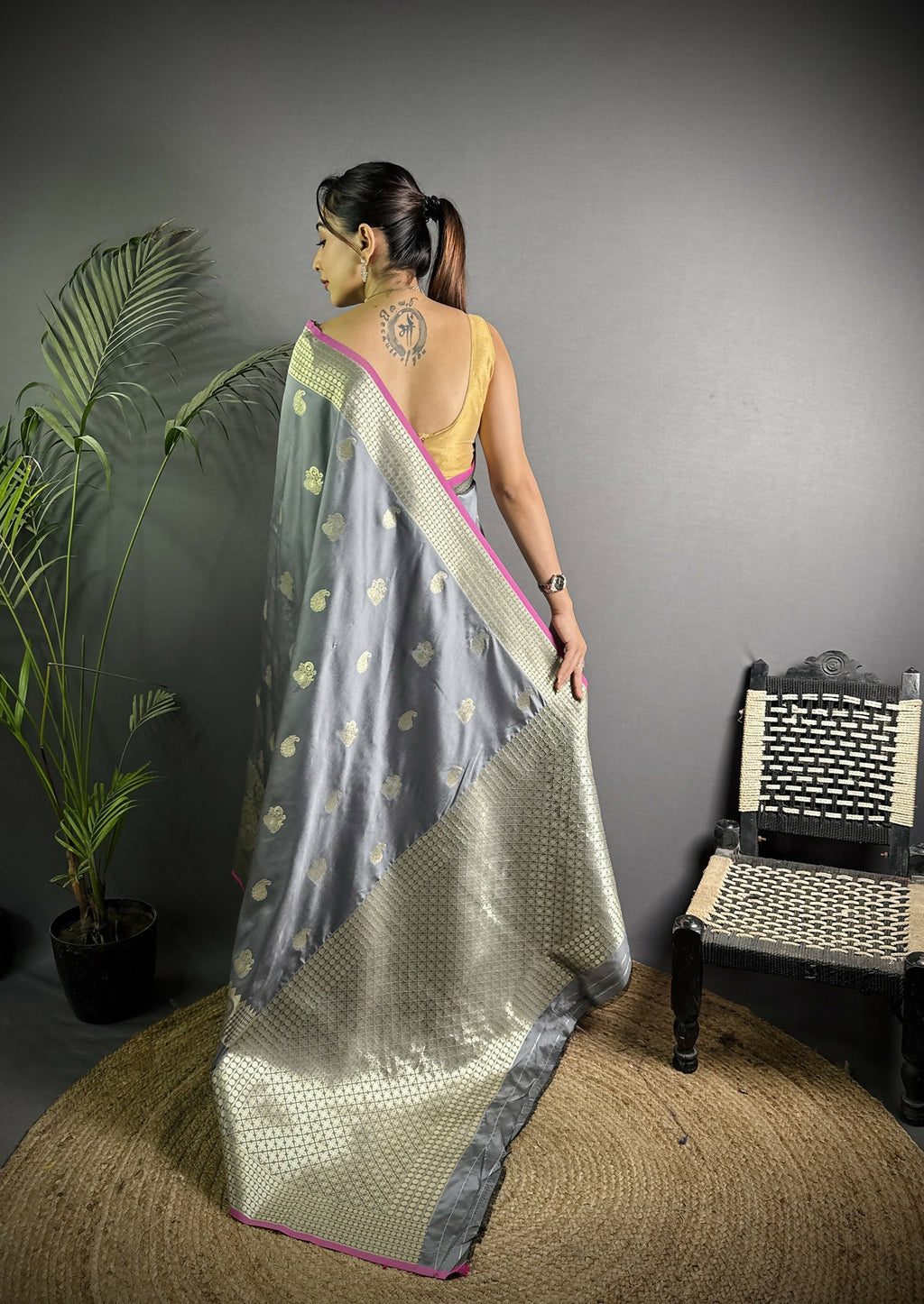 Joban Fashion Dark Grey Banarasi Soft Lichi Silk Paisley Saree | Grocsy