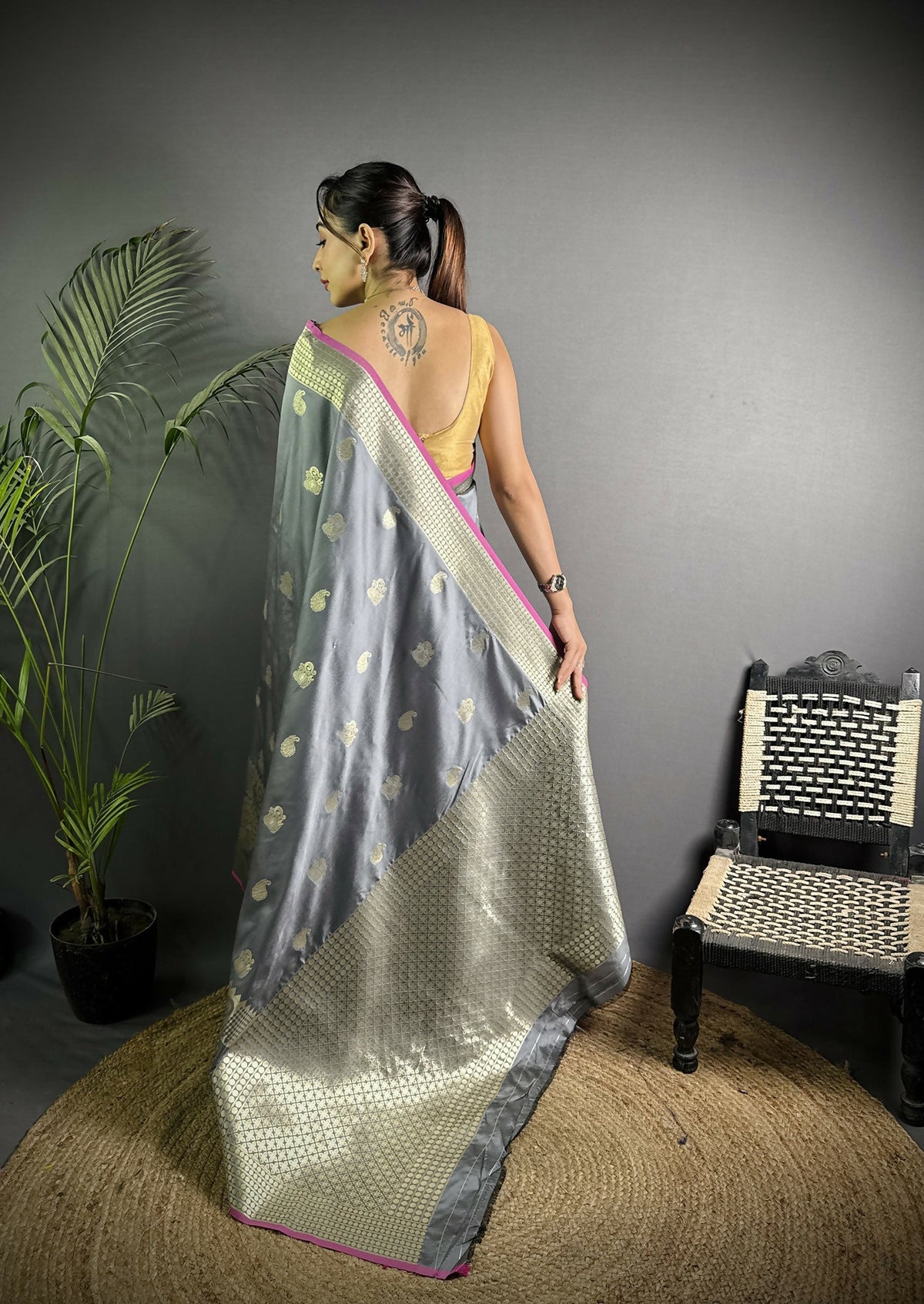 Joban Fashion Dark Grey Banarasi Soft Lichi Silk Paisley Saree | Grocsy