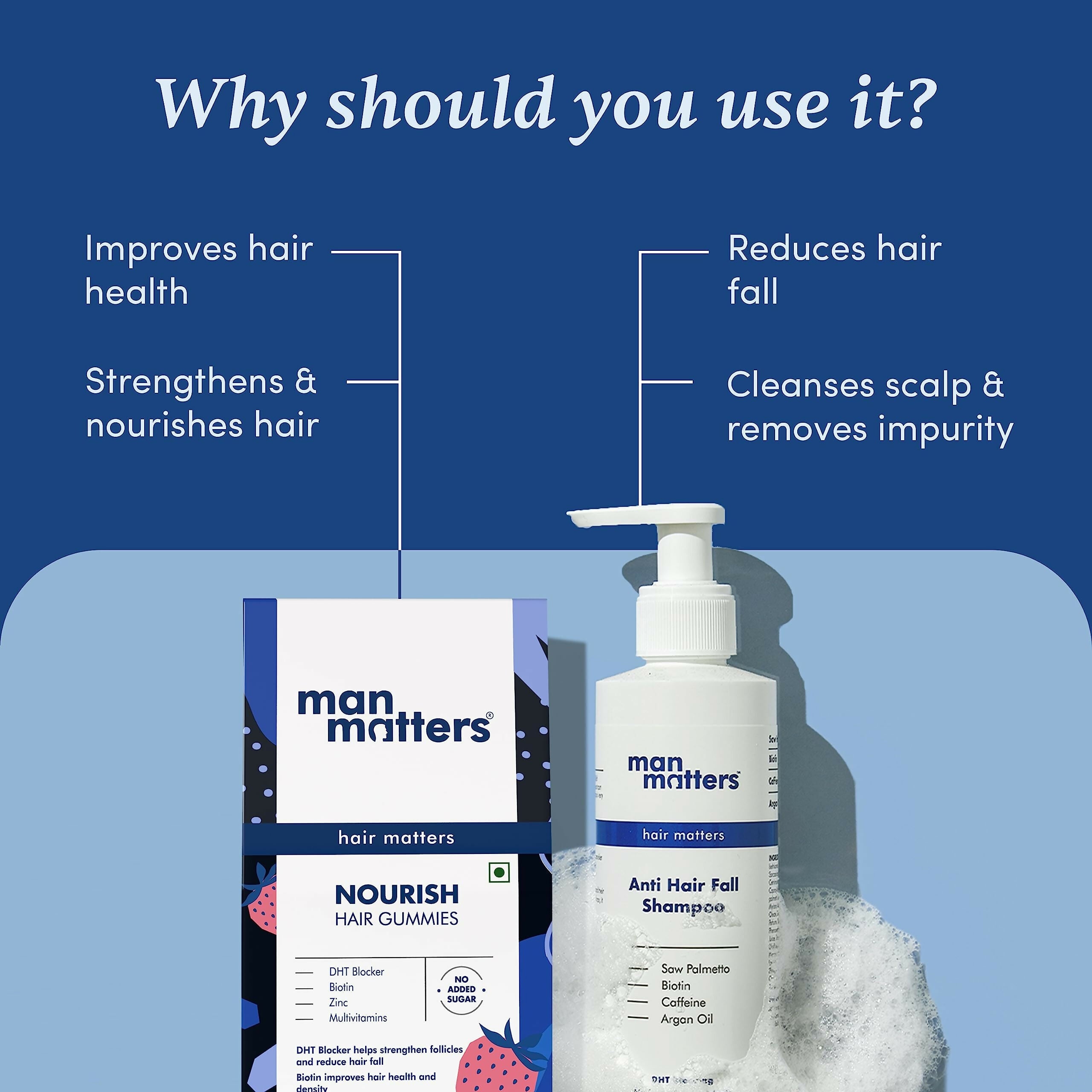 Man Matters Biotin Stage 1 Hair Loss Kit - Hair Gummies & Anti Hair Fall Shampoo With DHT Blocker, Biotin & Caffeine | Grocsy