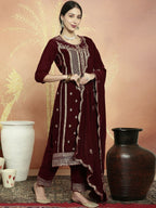 Jyoti Fashion Women's Maroon Velvet Cording with Resham Thread & Sequin Kurta with Trouser & Dupatta | Grocsy
