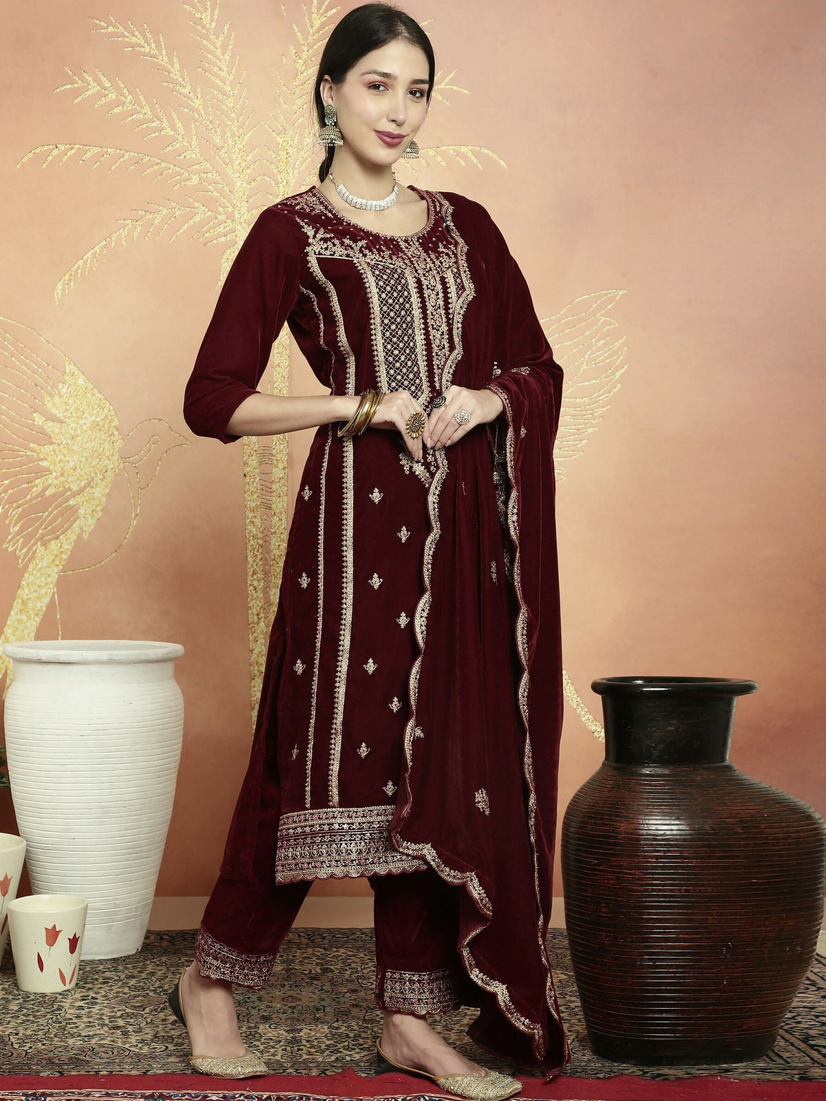 Jyoti Fashion Women's Maroon Velvet Cording with Resham Thread & Sequin Kurta with Trouser & Dupatta | Grocsy