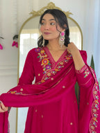 The52 Rani Women's Beautiful Embroidered Work Vichitra Silk Fabric Straight Kurta Pant and Dupatta Set | Grocsy