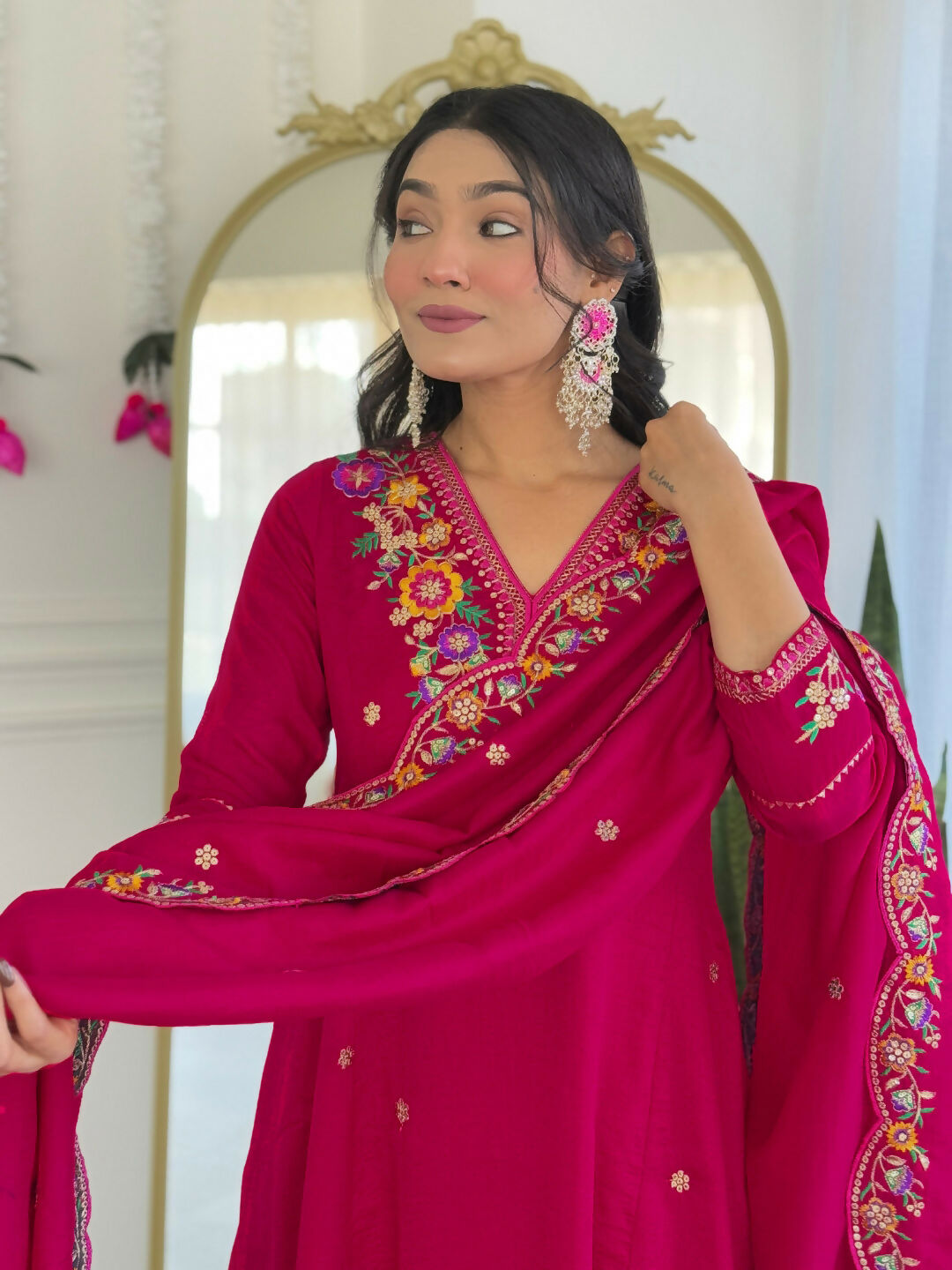The52 Rani Women's Beautiful Embroidered Work Vichitra Silk Fabric Straight Kurta Pant and Dupatta Set | Grocsy