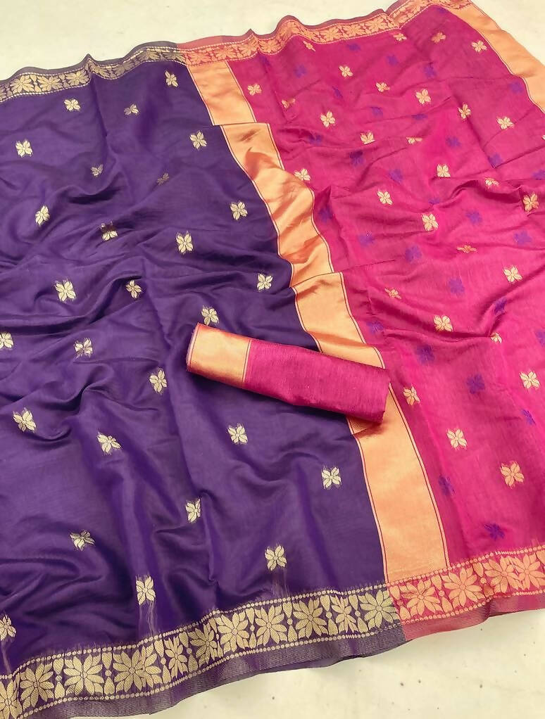 DEIANA'S Beautiful Designer Golden zari Soft Cotton Saree - Purple | Grocsy