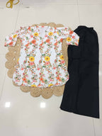 Teeya Creation Women White & Yellow Floral Printed Cotton Kurti with Black Palazzo Set | Grocsy