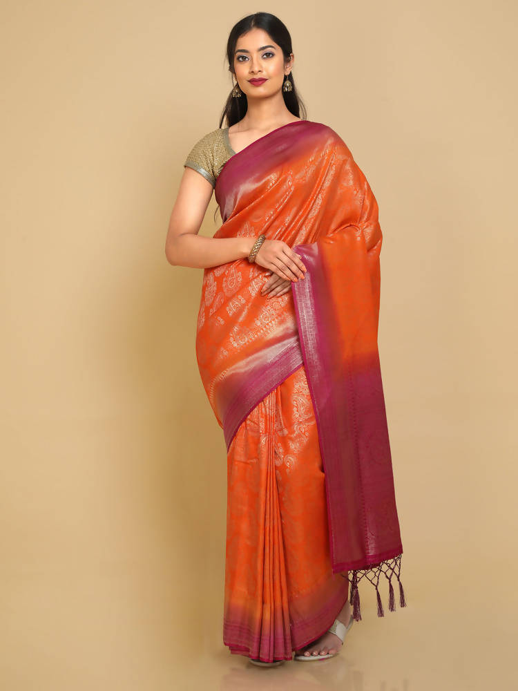 Kalamandir Ethnic Motifs Orange Silk Blend Saree | Grocsy