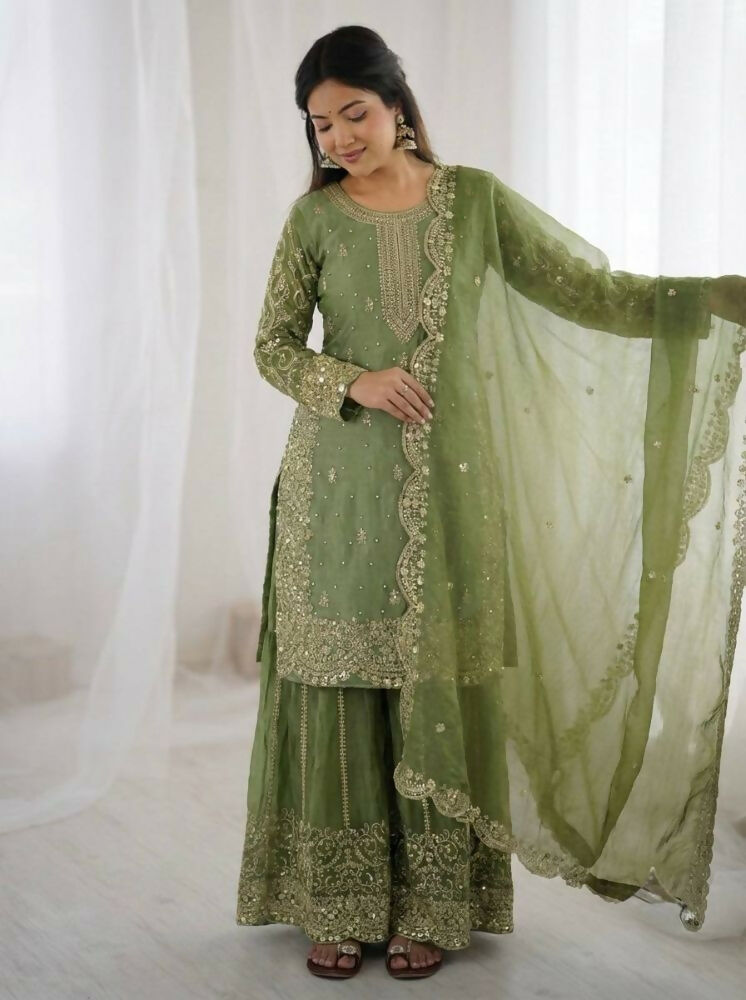 Teeya Creation Parrot Green Color Fendy Silk Embroidery Work Wedding Wear Salwar Suit | Grocsy