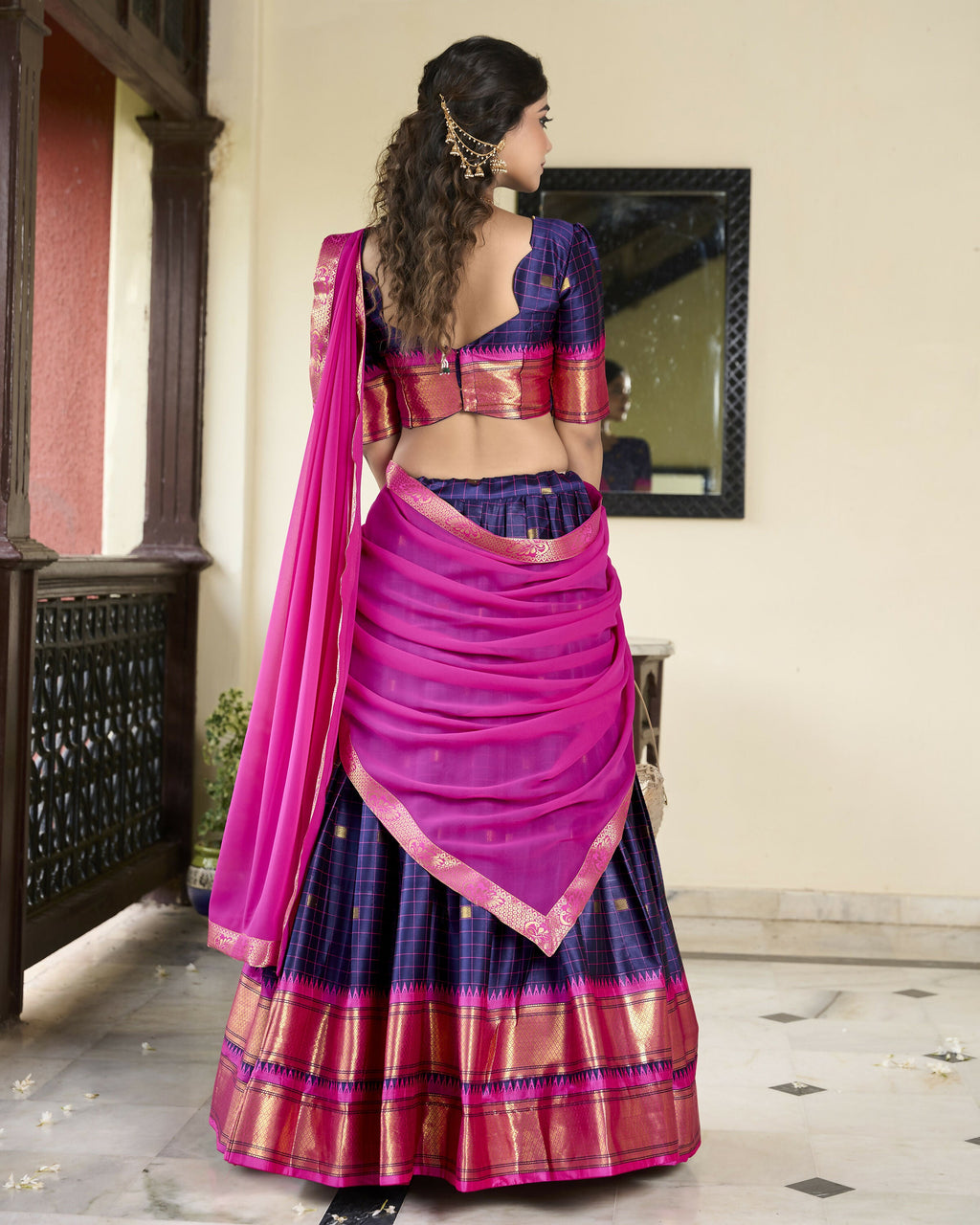 Lorenvalley Navyblue Cotton Silk Weaving Work With Paithani Concept Lehenga Choli | Grocsy