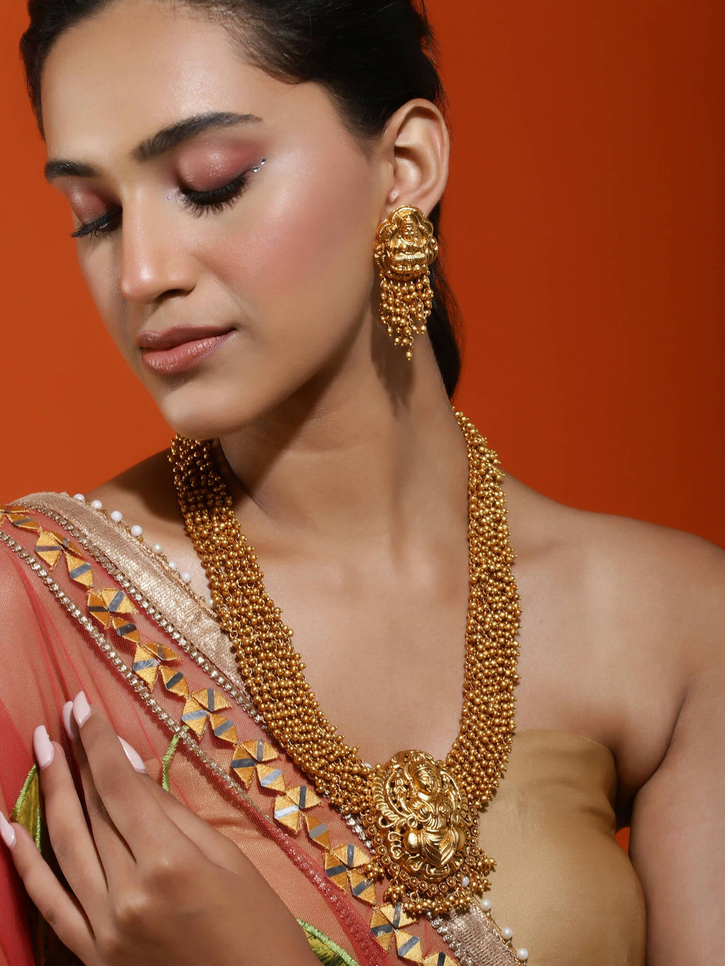 Gold-Polished Pearls Beaded Temple Jewellery Set - Ruby Raang | Grocsy