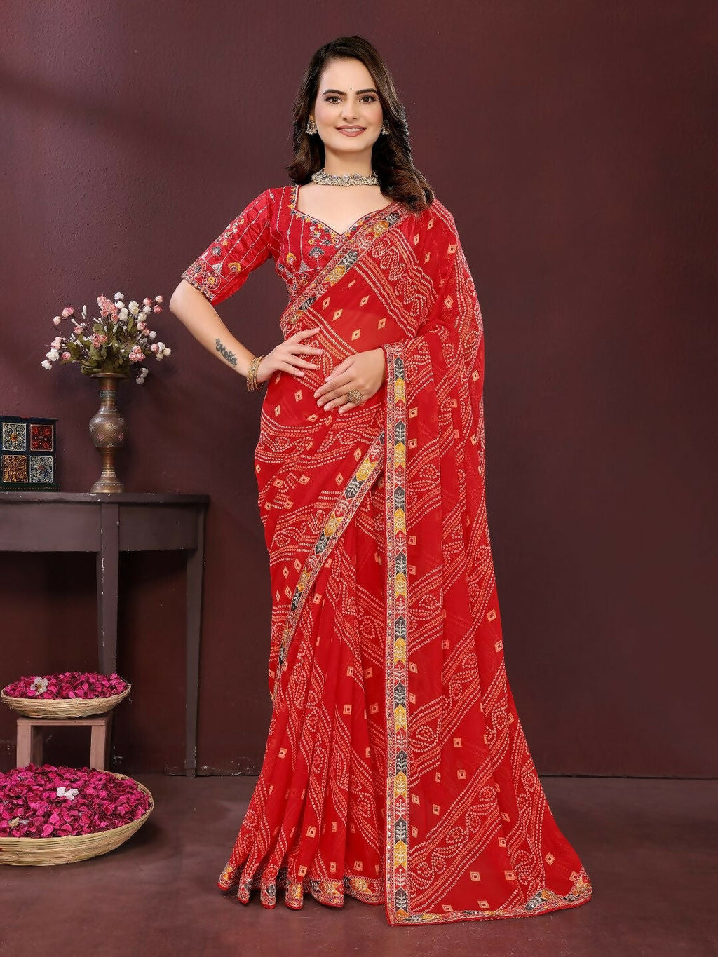 Ai Fashion Red Georgette Digital Print Party Wear Saree | Grocsy