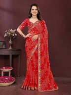 Ai Fashion Red Georgette Digital Print Party Wear Saree | Grocsy