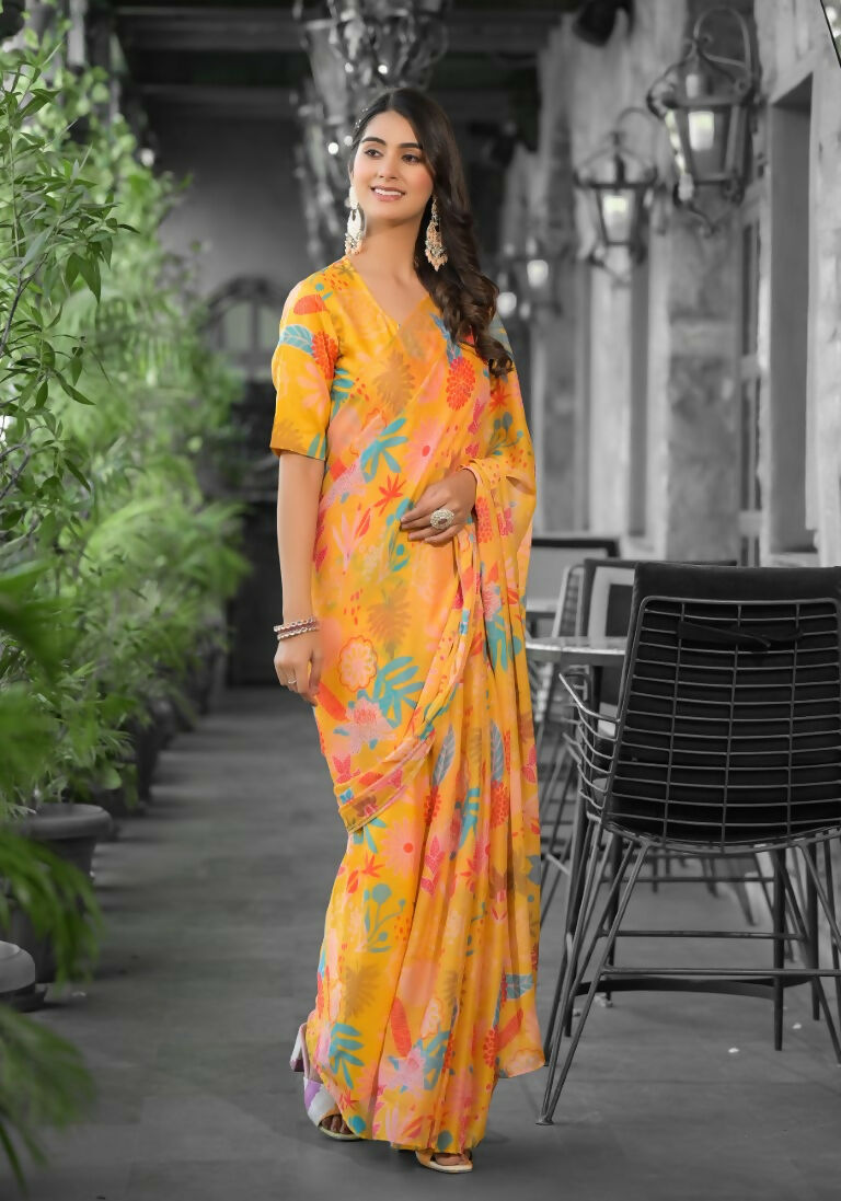stylish Casual Yellow Imported georgette Ready to Wear Fancy Saree - Ashwini | Grocsy