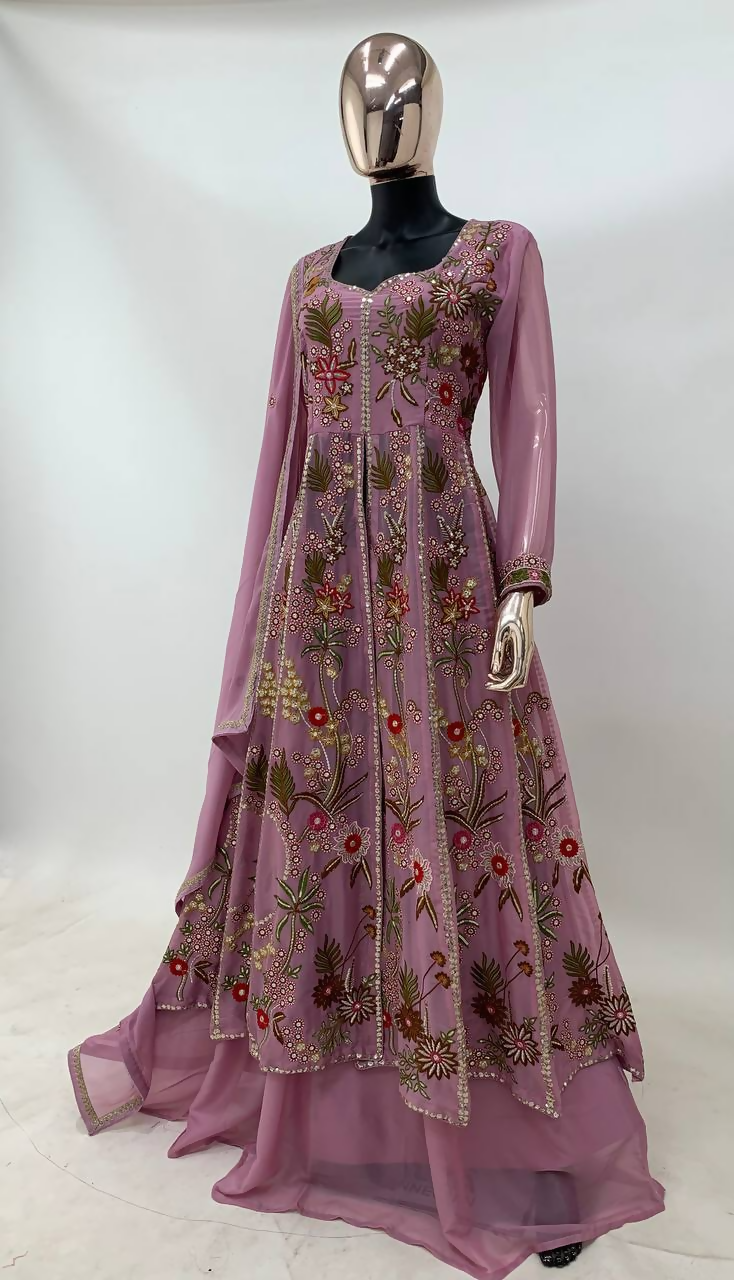 Lorenvalley Fashion Pink Viscose Silk Embroidery Work Gown Skirt Stitched | Grocsy