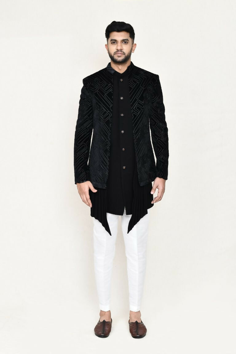 Joban Fashion Black Colored Velvet Based With Full Embroidered Fabric Open Jacket, Indo Western With Pant | Grocsy