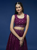 House of Panchhi Women Burgundy Pure Georgette Sequinse Embroidered Lehenga & Blouse, Dupatta | Grocsy
