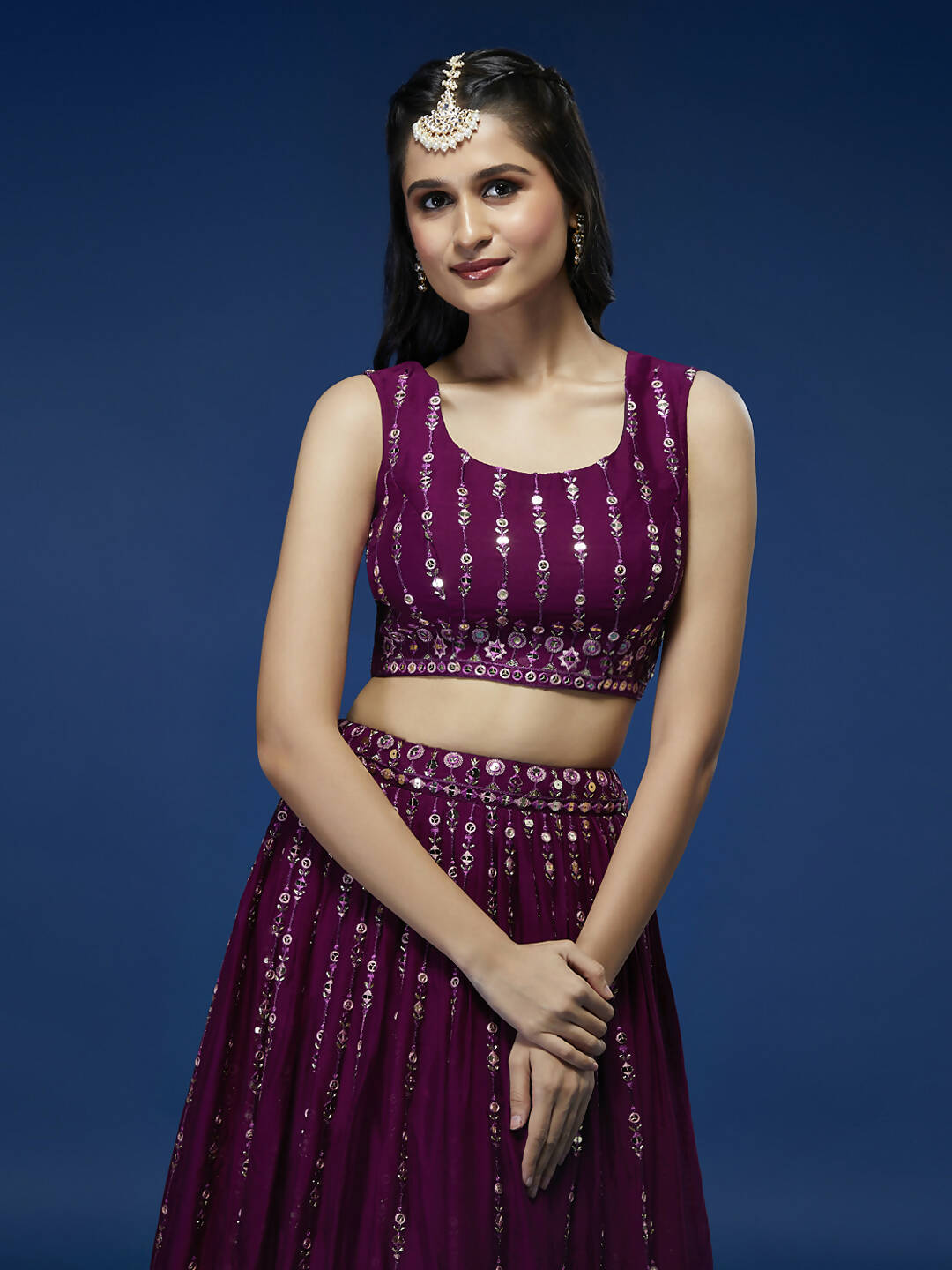 House of Panchhi Women Burgundy Pure Georgette Sequinse Embroidered Lehenga & Blouse, Dupatta | Grocsy